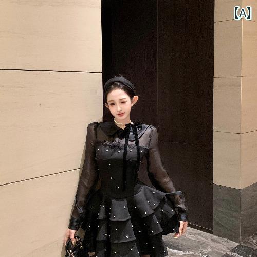 レディース ファッション おしゃれ カジュアル 普段使い デート 女子会 ガール 黒 長袖 ドレス 秋 フレ..