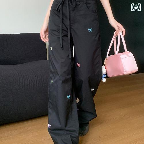 レディース ズボン カジュアル パンツ 韓国 リボン 刺繍 ワイドレッグ 秋 ハイウエスト ドレープ ズボン