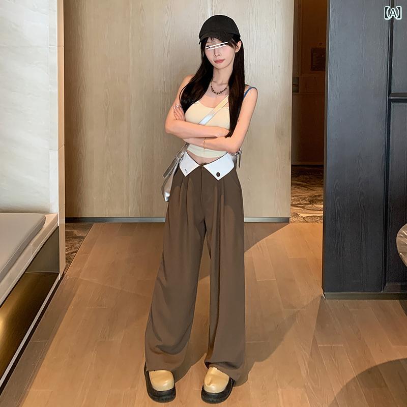 レディース ズボン カジュアル パンツ 袖口 秋 ハイウエスト ワイドレッグ フロア レングス