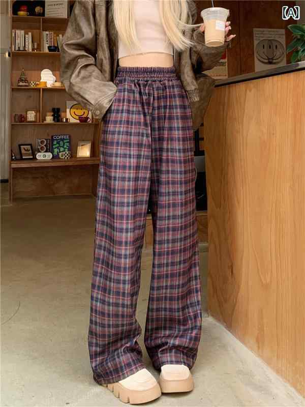 レディース ズボン カジュアル パンツ アメリカン レトロ レッド チェック シンプル ワイドレッグ 秋 ハイウエスト スリム 起毛 フロア
