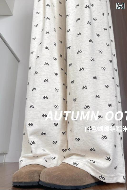 レディース ズボン カジュアル パンツ 韓国 オフ ホワイト リボン ドレープ ワイドレッグ