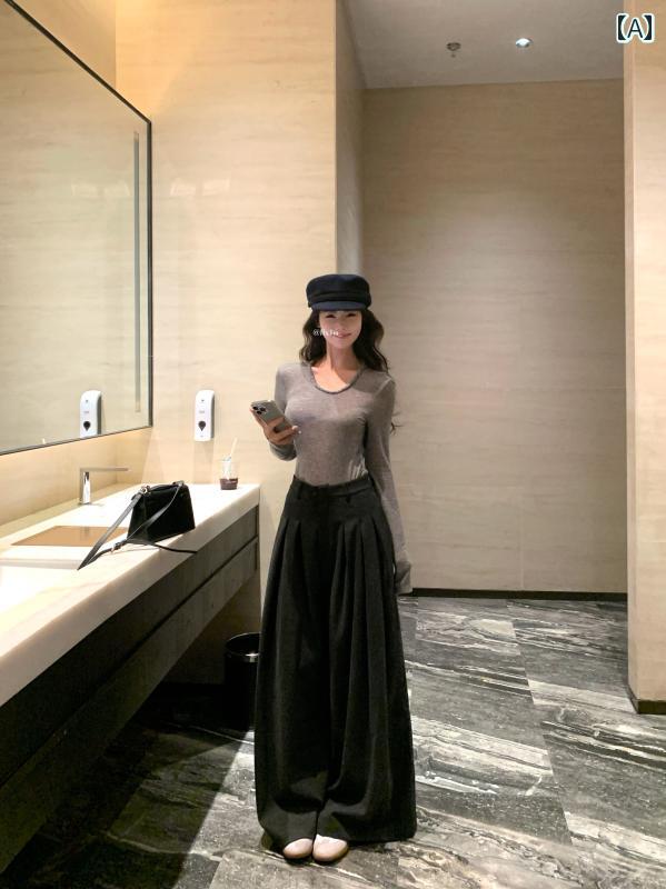 レディース ズボン カジュアル パンツ ハイウエスト 質感 厚手 ズボン ワイドレッグ 秋 スリム フロア