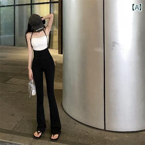 レディース ズボン カジュアル パンツ 肩ひも 春夏 スリム ストレッチ スリム ハイウエスト ホルターネック 肩ひも マイクロフレア