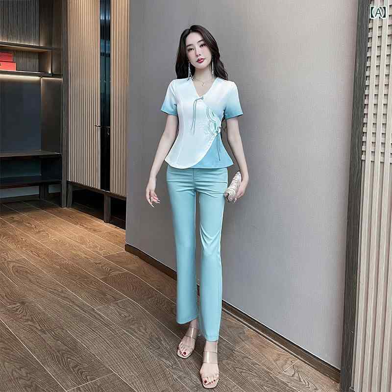 エステ ユニフォーム 制服 サロン スパ マッサージ リラクゼーション エステシャン セラピスト チャイナ風 半袖 ズボン セットアップ ソフト
