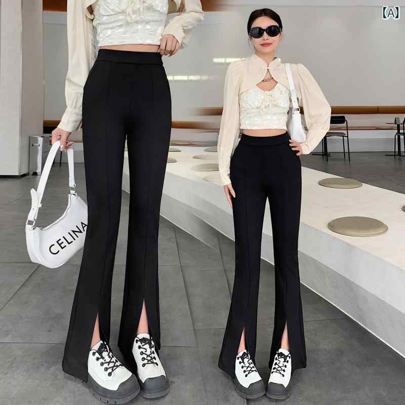 レディース ズボン カジュアル パンツ 秋 韓国 黒 ブーツ カット ハイウエスト ドレープ スリム ベルボトム