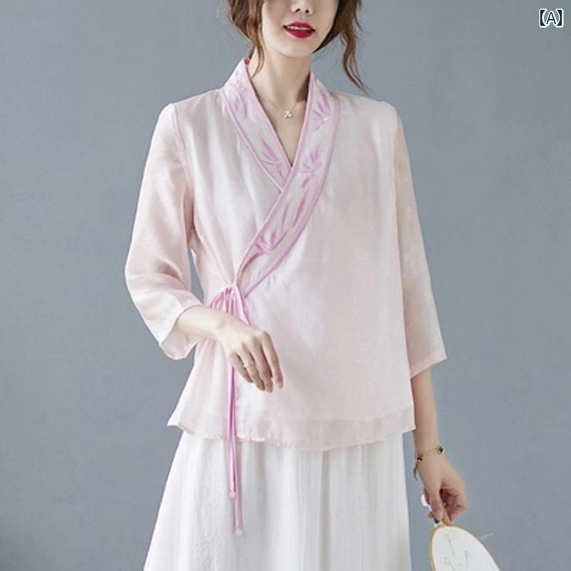 レディース ファッション おしゃれ 上品 きれいめ 婦人服 レトロ 夏 レトロ 衣装 漢服 唐服 クロス カラー 漢 トップス 瞑想 茶道 セットアップ フェアリー シャツ