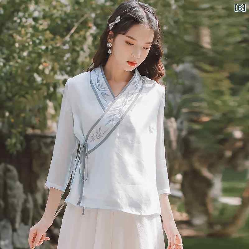 レディース ファッション おしゃれ 上品 きれいめ 婦人服 レトロ 夏 レトロ 衣装 漢服 唐服 クロス カラー 漢 トップス 瞑想 茶道 セットアップ フェアリー シャツ