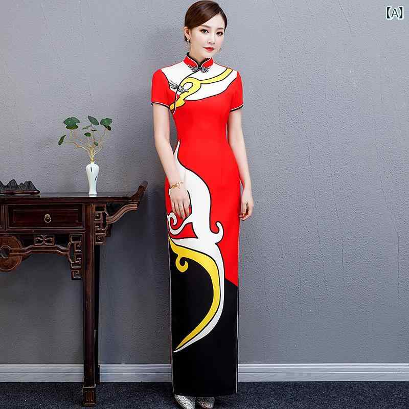 チャイナドレス レディース エレガント 上品 おしゃれ 華やか 赤 ステージ ロング パフォーマンス 服 エレガント 大きいサイズ スリム チャイナ 風