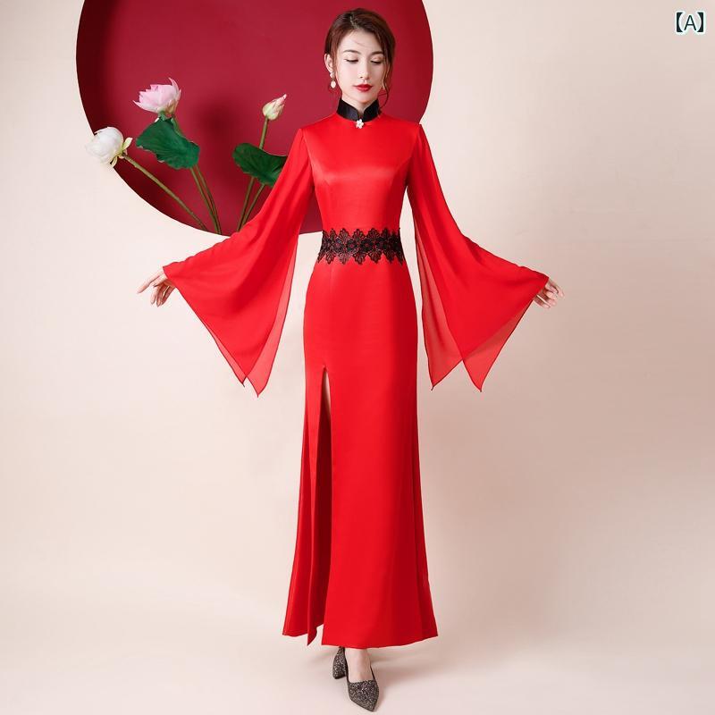 チャイナ風 レディース ファッション ドレス 華やか ロング 春秋 ダンス 赤 ハイ スリット フィッシュテール パフォーマンス 衣装(4)