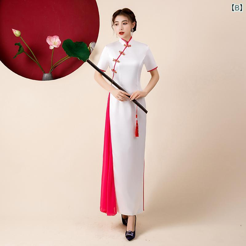 チャイナドレス レディース エレガント 上品 おしゃれ 華やか ロング ステージ ショー 春夏 パフォーマンス ドレス レッド