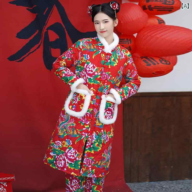 チャイナ風 レディース ファッション 派手 個性 暖かい 花 綿入り 上着 冬大 花 上着 長大 花 上着 若 唐 セットアップ チャイナ風 綿入り 上着