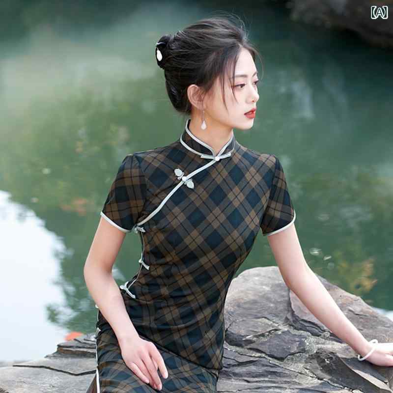 チャイナドレス レディース エレガント 上品 おしゃれ 華やか チェック 民族風 夏 レトロ バックル ダーク カラー 夏