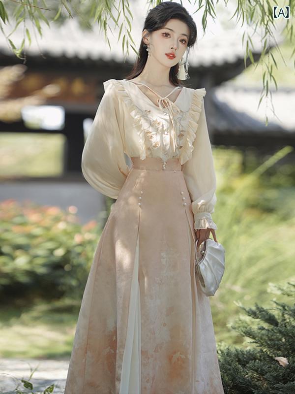 チャイナ風 ファッション レディース おしゃれ 上品 エレガント プリーツスカート 漢服 通勤 デイリー スカート(4)