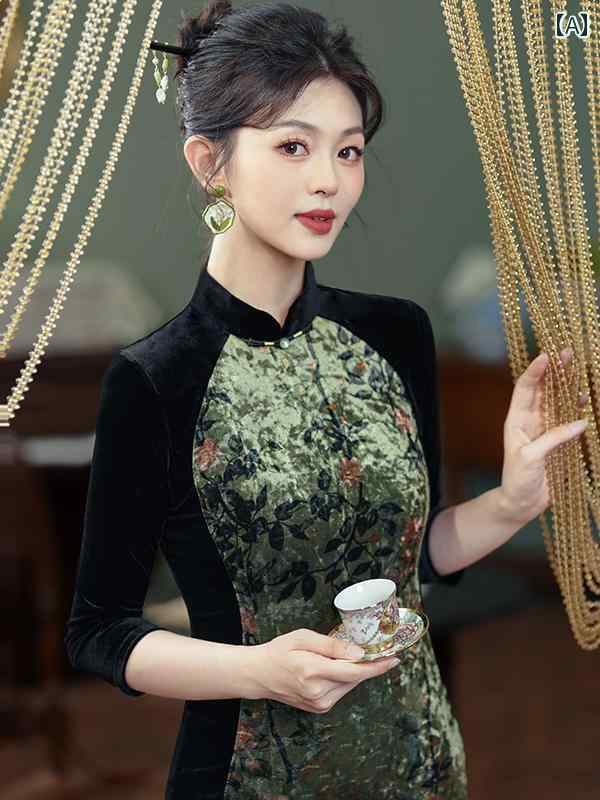 チャイナドレス レディース エレガント 上品 おしゃれ 華やか 刺繍 普段使い 通勤 起毛 モダン 袍 エレガント 母