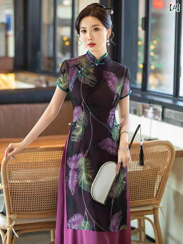 チャイナ風 レディース ファッション おしゃれ 上品 アオザイ チャイナ ドレス 母 紫 普段使い 新春
