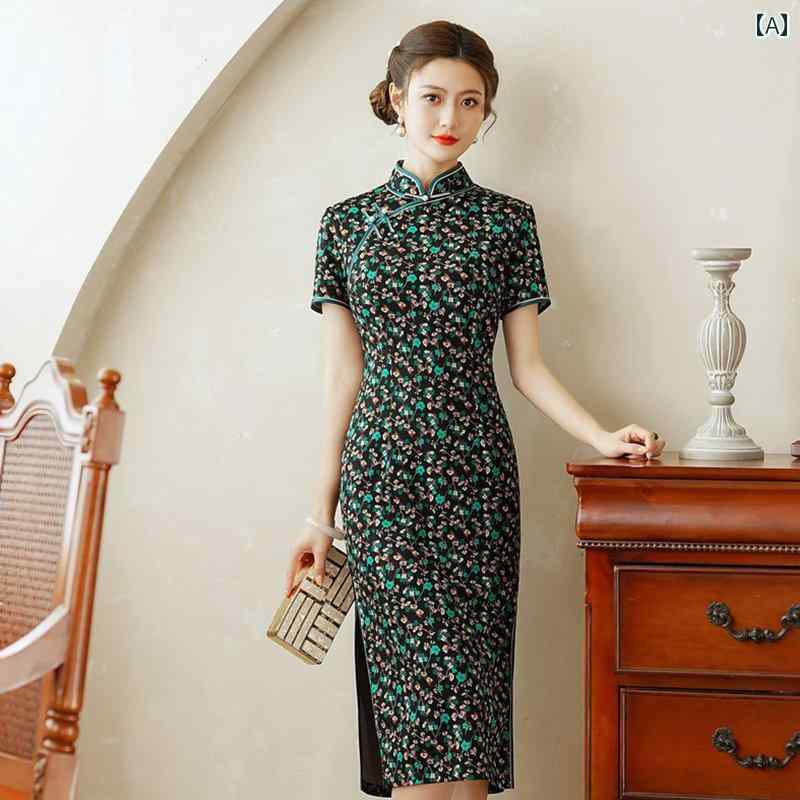 チャイナドレス レディース エレガント 上品 おしゃれ 華やか 花柄 春 半袖 春 大きめサイズ ストレッチニット