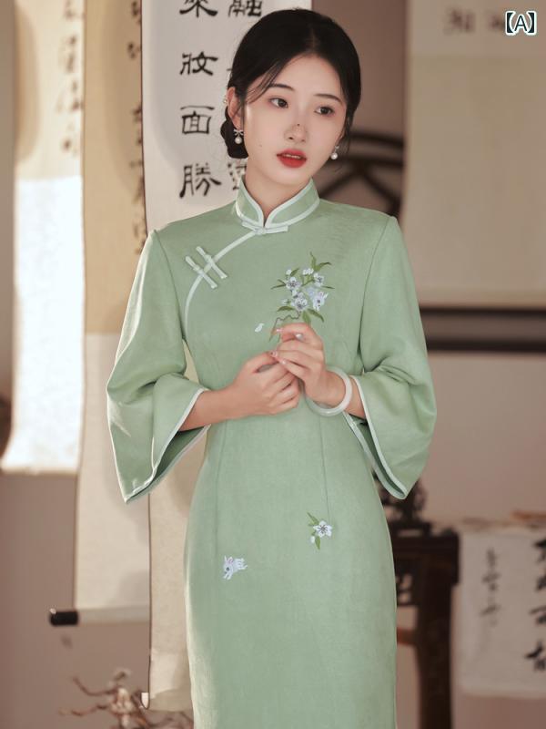 チャイナドレス レディース エレガント 上品 おしゃれ 華やか 秋 衣装 チャイナ風 刺繍 普段使い 可能 逆 袖