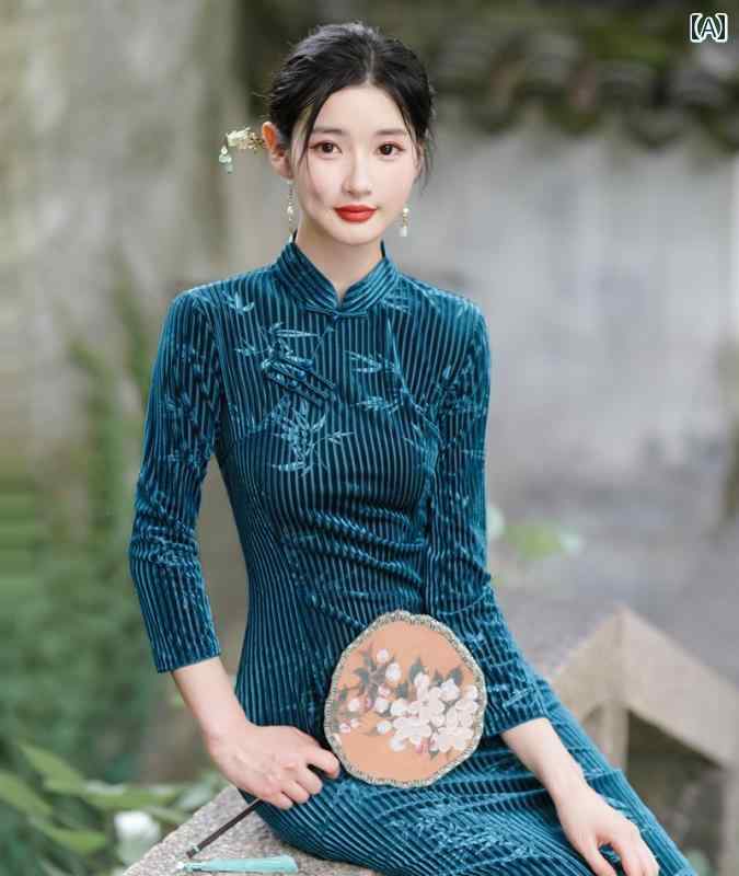 チャイナドレス レディース エレガント 上品 おしゃれ 華やか ピーコックブルー ロング 秋 民族風 春秋 母 スリーブ