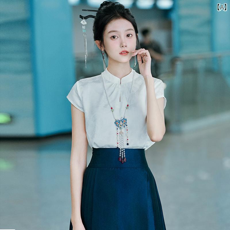 チャイナ風 ファッション レディース おしゃれ 上品 エレガント 明 漢服 青い 馬顔スカート セットアップ 漢 ハーフ スカート 普段使い 通勤 服 夏