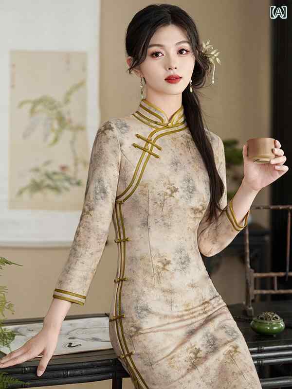 チャイナドレス レディース エレガント 上品 おしゃれ 華やか 刺繍 レトロ 長袖 が 仕事 感 普段使い