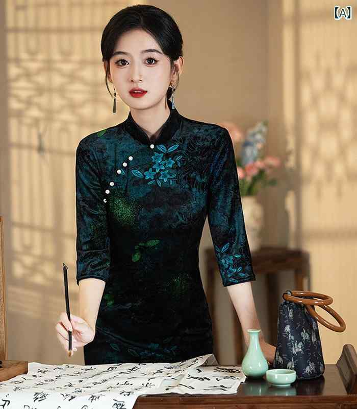 チャイナドレス レディース エレガント 上品 おしゃれ 華やか 刺繍 美しい レトロ 感 長袖