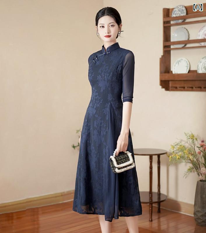 チャイナ風 レディース ファッション おしゃれ 上品 アオザイ チャイナ ドレス 夏 紺 レトロ 母 民族風 ティー ドレス