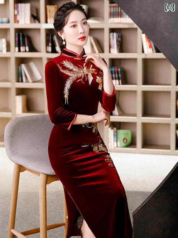 チャイナドレス レディース エレガント 上品 おしゃれ 華やか 結婚式 パーティー 刺繍 起毛 フェニックス 秋冬 ゴールド 起毛 スリーブ ロング