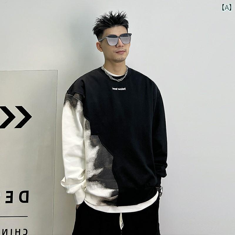 メンズ トップス カジュアル ファッション おしゃれ 秋冬 スウェットシャツ 綿 グラデーション ステッチ アメリカ ファッション ストリート トレンディ カジュアル ラウンドネック