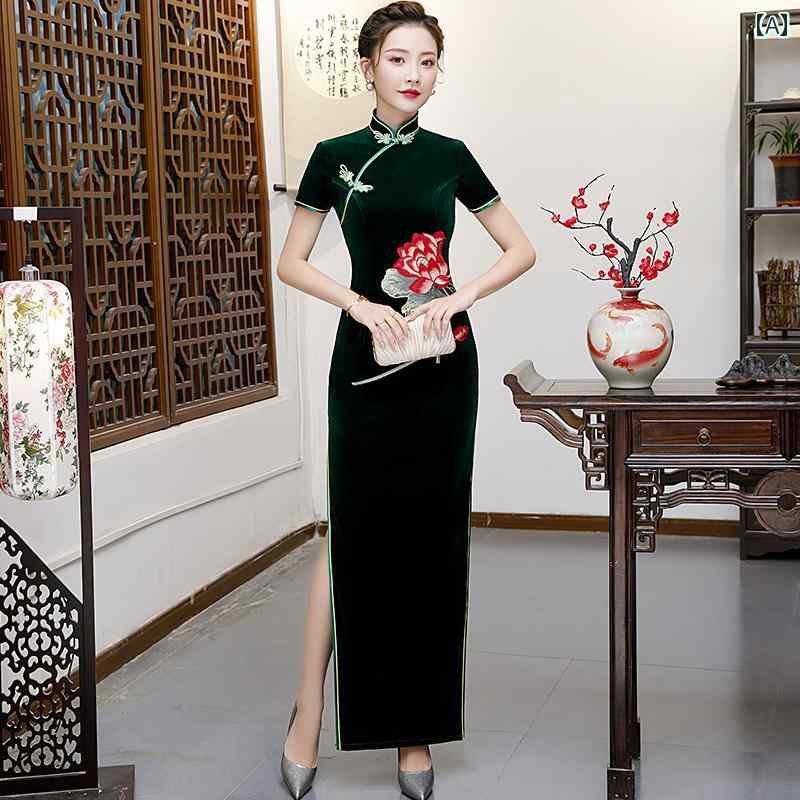 チャイナ ドレス レディース 華やか 上品 普段着 ゴールド 起毛 ステージ パフォーマンス コスチューム ロング 大きいサイズ ドレス