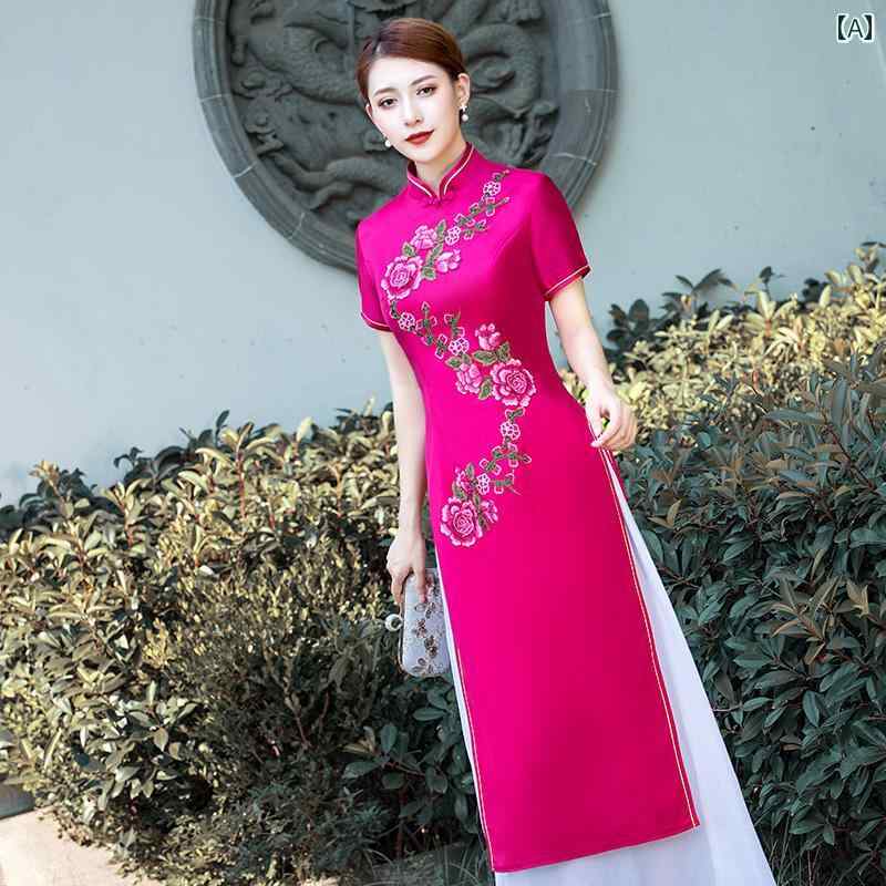 アオザイ 衣装 レディース 上品 赤 ステージ パフォーマンス 服 ロング ステージ ベトナム チャイナ ドレス チャイナ風