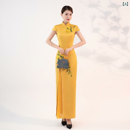 チャイナ ドレス レディース 華やか 上品 黄 ステージ パフォーマンス 服 ロング ドレス スリムフィット チャイナ ドレス レディース 華やか 上品 黄 ステージ パフォーマンス 服 ロング ドレス スリムフィット