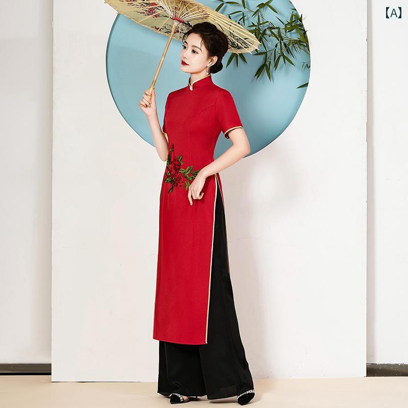 アオザイ 衣装 レディース 上品 レッド チャイナ風 チャイナ ドレス ステージ ベトナム パフォーマンス 衣装 スリムフィット