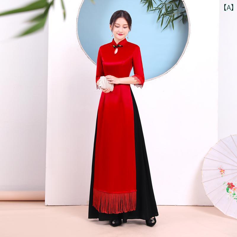 アオザイ 衣装 レディース 上品 赤 ベトナム チャイナ ドレス ステージ パフォーマンス 衣装 本格 チャイナ風 スリム 合唱団