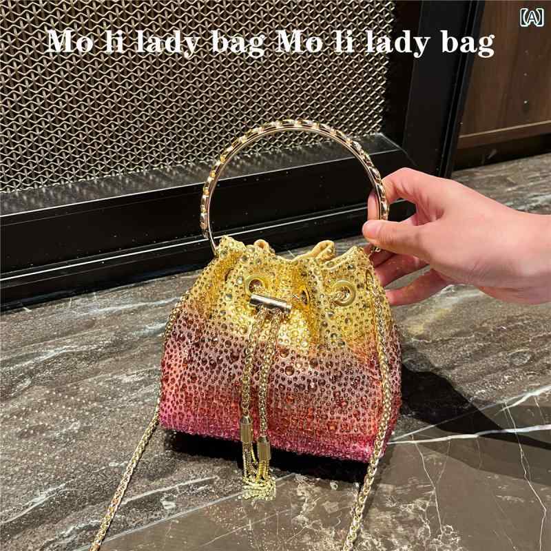 グラデーション フレーム レッド タッセル 光沢 メタル ラトーン バケット ハンドクロス ボディ