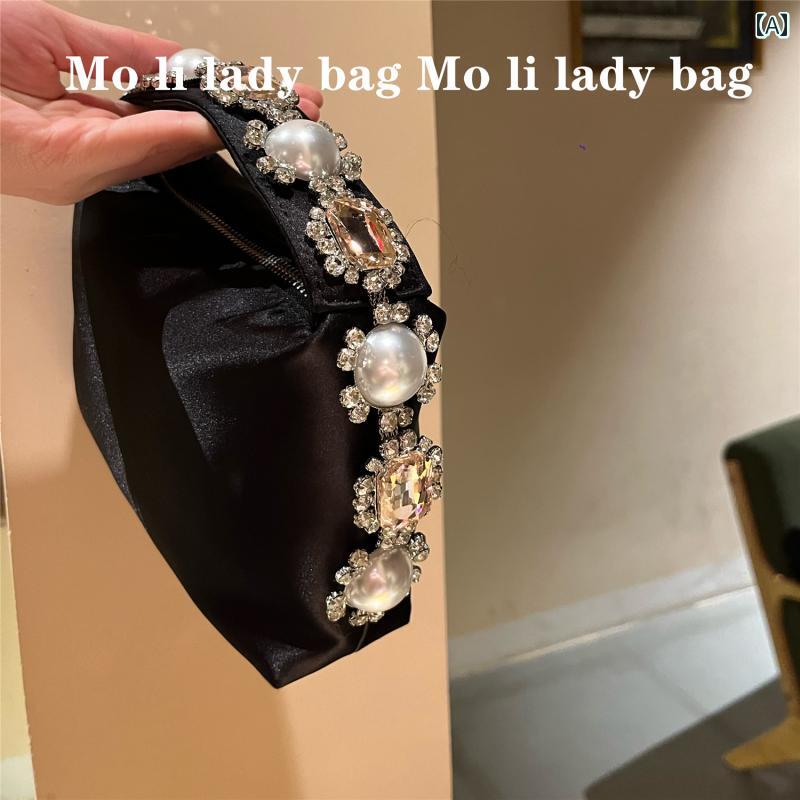 レディース バッグ おしゃれ パール サテン ハンド ファッション 小さめ 正方形 パーティー イブニング