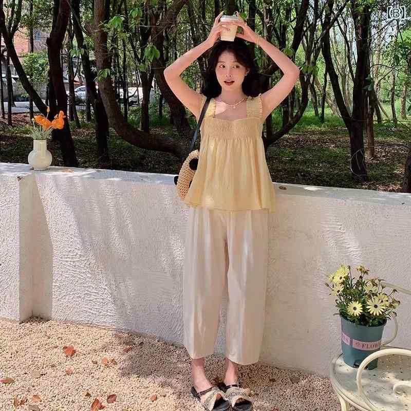 レディース ファッション カジュアル おしゃれ デート 女子会 普段使い 夏 服 おしゃれ 見え イエロー キャミソール ゆるゆる パンツ 2点 セット 組み