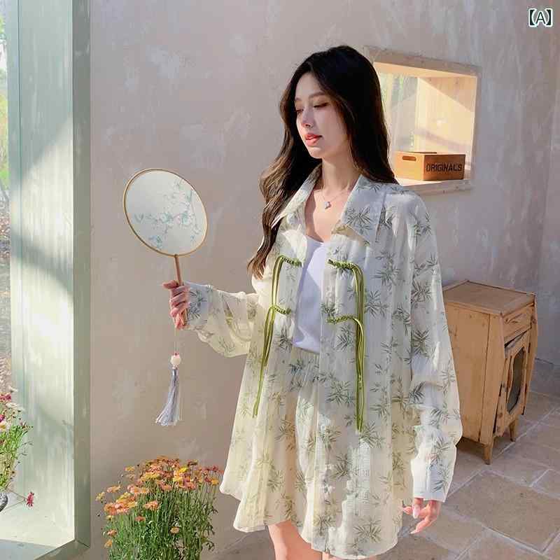 レディース ファッション カジュアル おしゃれ デート 女子会 普段使い シャツ 日焼け防止 服 ショートパンツ 2点 セット チャイナ風 夏