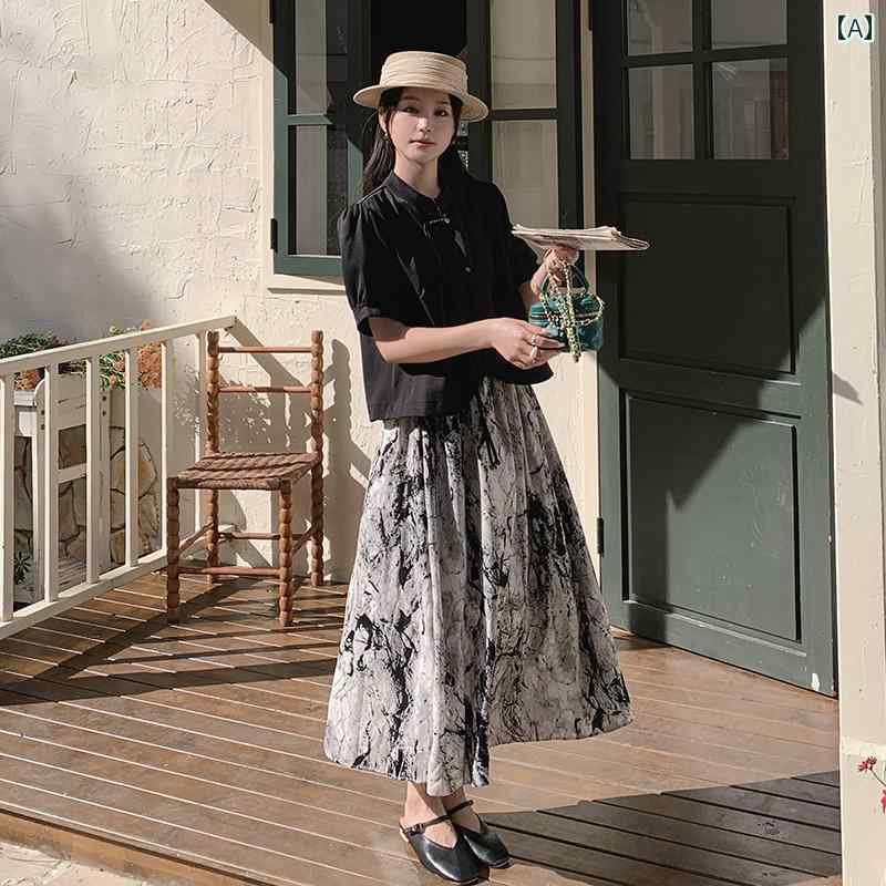 レディース ファッション カジュアル おしゃれ デート 女子会 普段使い 黒 チャイナ風 夏 軽量 涼しい 洗練 トップス スカート 2点 セット