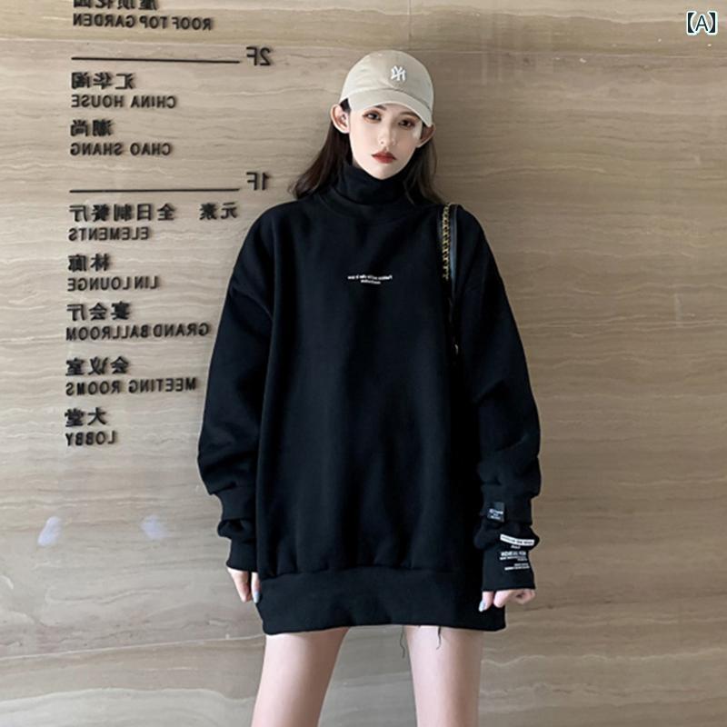 レディース トップス カジュアル おしゃれ 黒 タートルネック 起毛 スウェットシャツ 春秋 ゆったり レングス ヒップ カバー 薄手 涼しい 涼しい 涼しい ジャケット