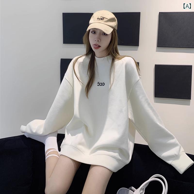 レディース トップス カジュアル おしゃれ 白 ラウンドネック フード レス 薄手 涼しい 涼しい スウェットシャツ 春秋 レングス ヒップ カバー 起毛 ジャケット