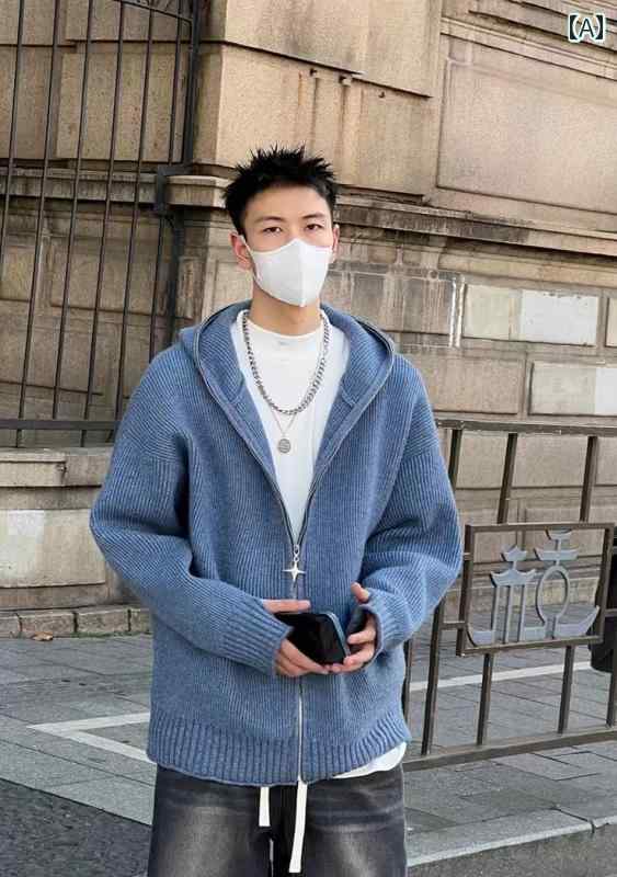 アウター メンズ カジュアル おしゃれ 秋冬 韓国 ジッパー フード セーター グレー カップル ニットカーディガン ジャケット