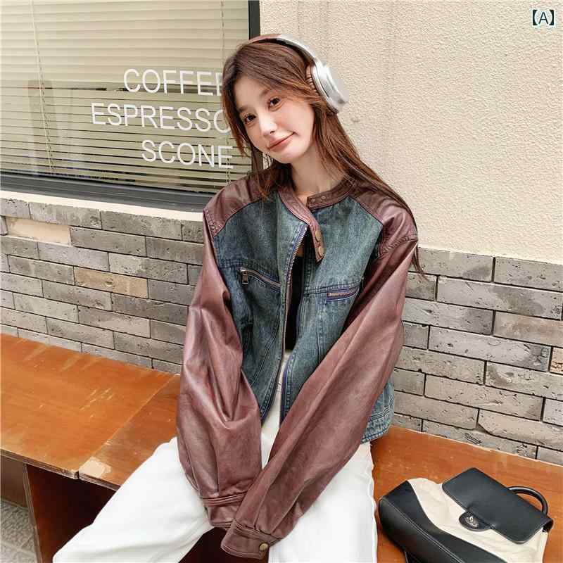 アウター レディース カジュアル おしゃれ 普段使い デニム シック ジャケット 秋 ステッチ PU レザー オートバイ ショート ジャケット