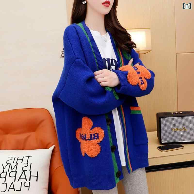 トップス レディース おしゃれ カジュアル クラインブルー 花柄 セーター ジャケット 春 ニットカーディガン