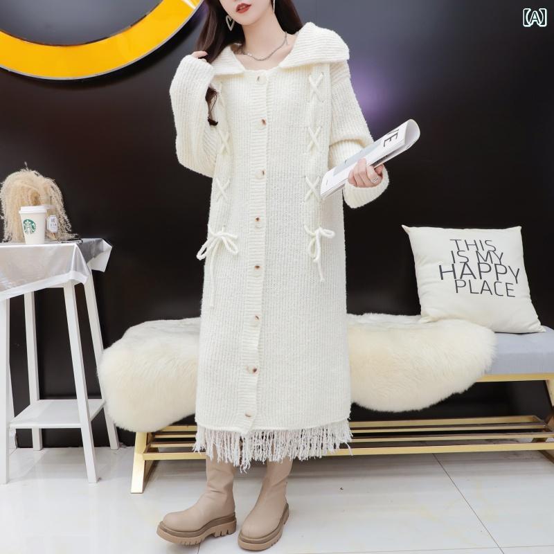アウター レディース カジュアル おしゃれ 普段使い レングス ニットカーディガン 秋冬 タッセル ストラップ ロング セーター ジャケット