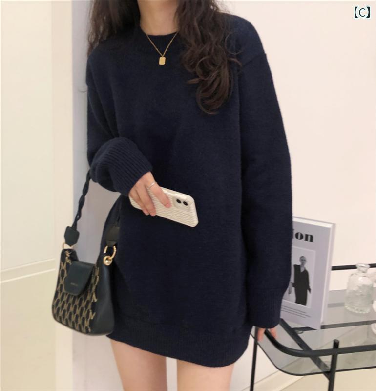 おうち健康生活のトップス レディース おしゃれ カジュアル ピンク 丈 セーター プルオーバー 秋冬 ラウンドネック セーター アウターウェア｜アングル3