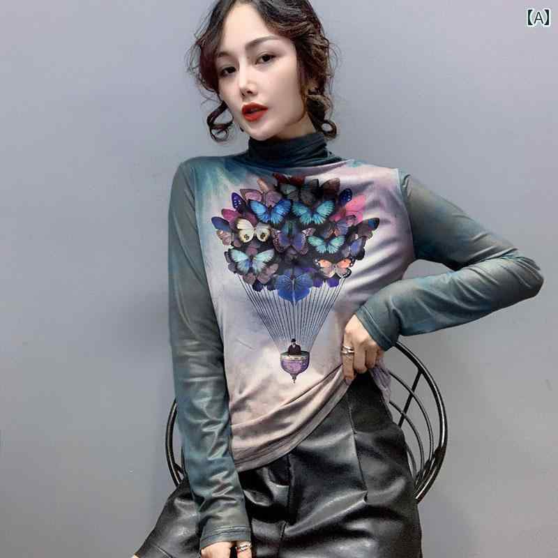 Garments - レディース トップス カジュアル おしゃれ エレガント イン トレンド プリント ストレッチメッシュ ハイネック 長袖 Tシャツ 春秋 スリム ボトム シャツ