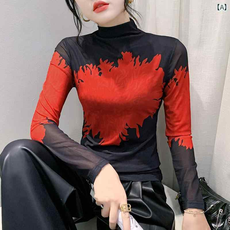 トップス レディース おしゃれ カジュアル 個性 普段使い 絞り染め メッシュ ス 長袖 Tシャツ 秋冬 ハイネック プリント ボトム シャツ