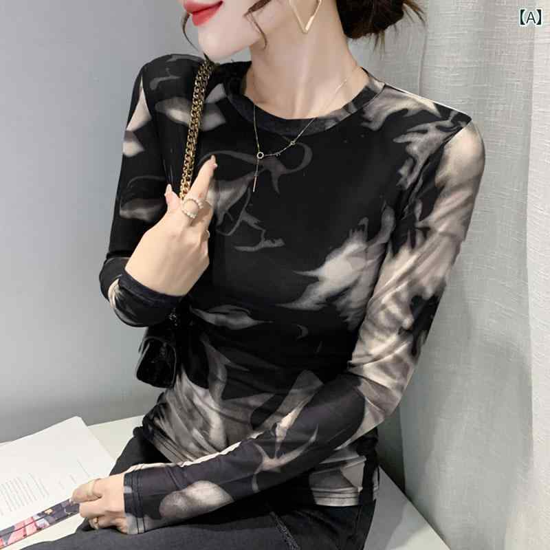 トップス レディース おしゃれ カジュアル 個性 普段使い レトロ メッシュ ボトム シャツ 秋服 スリム 長袖 プリント Tシャツ スタイリッシュ シャツ
