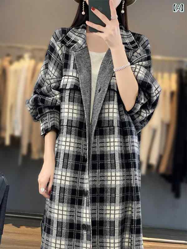 アウター レディース カジュアル おしゃれ 普段使い 秋冬 レングス カーディガン 襟 黒白 チェック コート ゆったり ウール ニット ジャケット