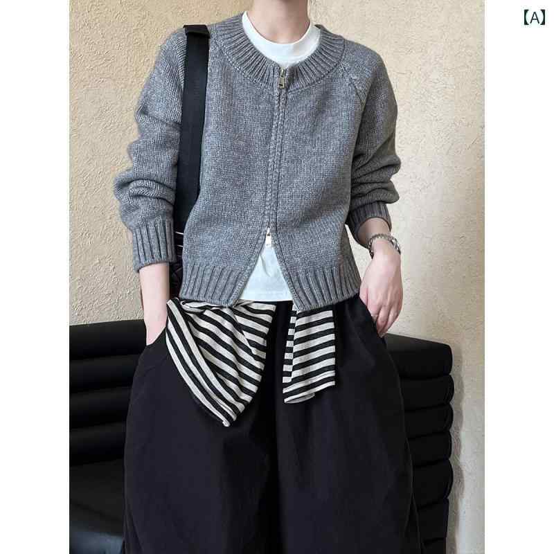 レディース トップス カジュアル おしゃれ ダブル ジッパー ニットカーディガン 秋 ショート ソリッド..